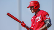 Feb 20, 2023; West Palm Beach, FL, USA; Washington Nationals outfielder Elijah Green (21) looks on during a spring training workout at The Ballpark of the Palm Beaches. 