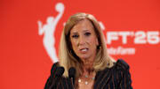 Apr 14, 2025; New York, New York, USA; WNBA commissioner Cathy Engelbert talks to the media before the 2025 WNBA Draft at The Shed at Hudson Yards. Mandatory Credit: Vincent Carchietta-Imagn Images