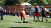 Deshaun Watson takes a knee during Day 6 of OTAs at the Browns facility in Berea, OH