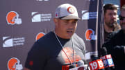 Browns special teams coordinator Bubba Ventrone meets with the media during the team's OTAs