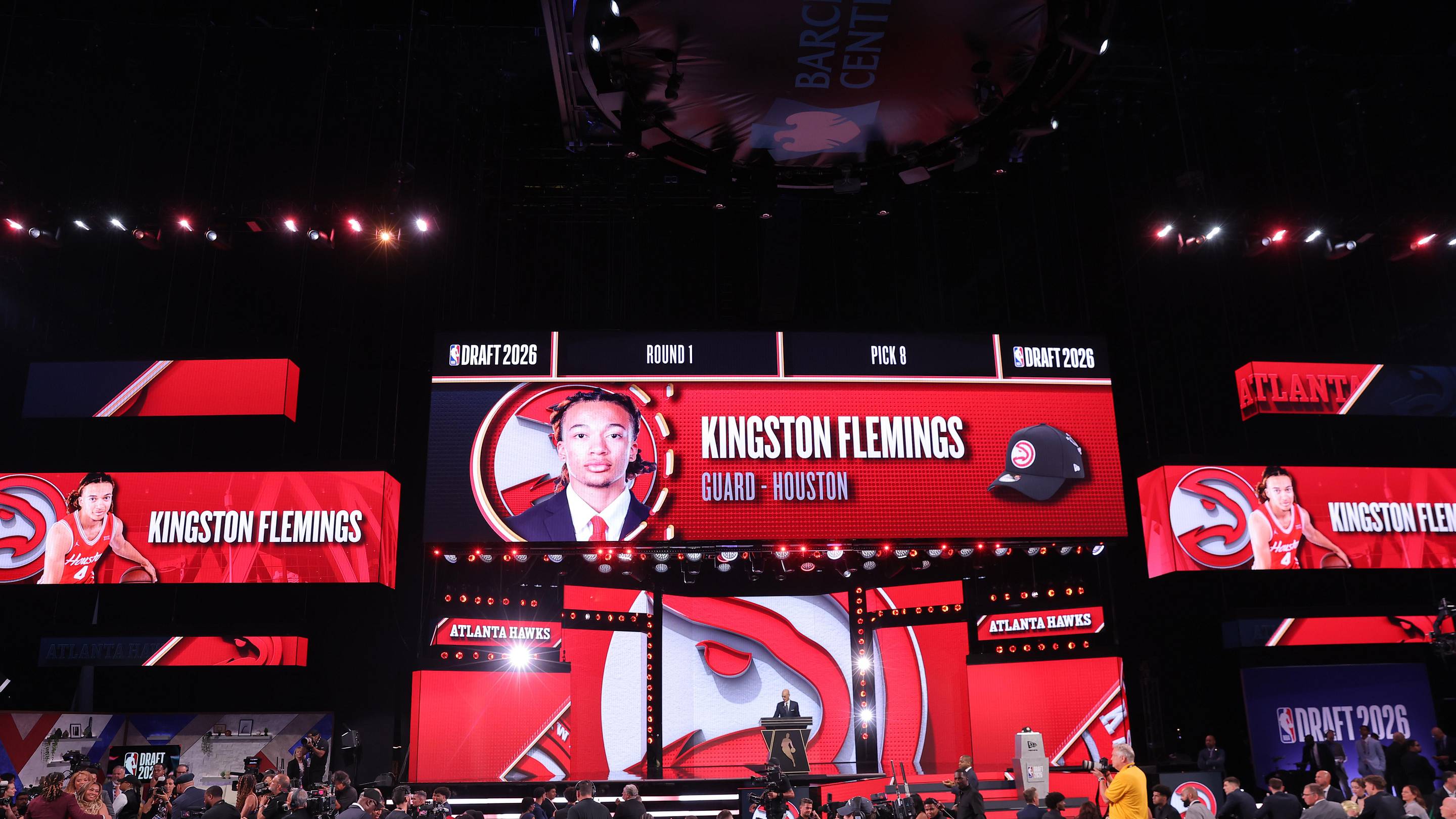 Jun 23, 2026; New York, NY, USA; NBA commissioner Adam Silver announces the eighth pick in the 2026 NBA draft, Houston guard Kingston Flemings after he was selected by the Atlanta Hawks at Barclays Center. Mandatory Credit: Brad Penner-Imagn Images