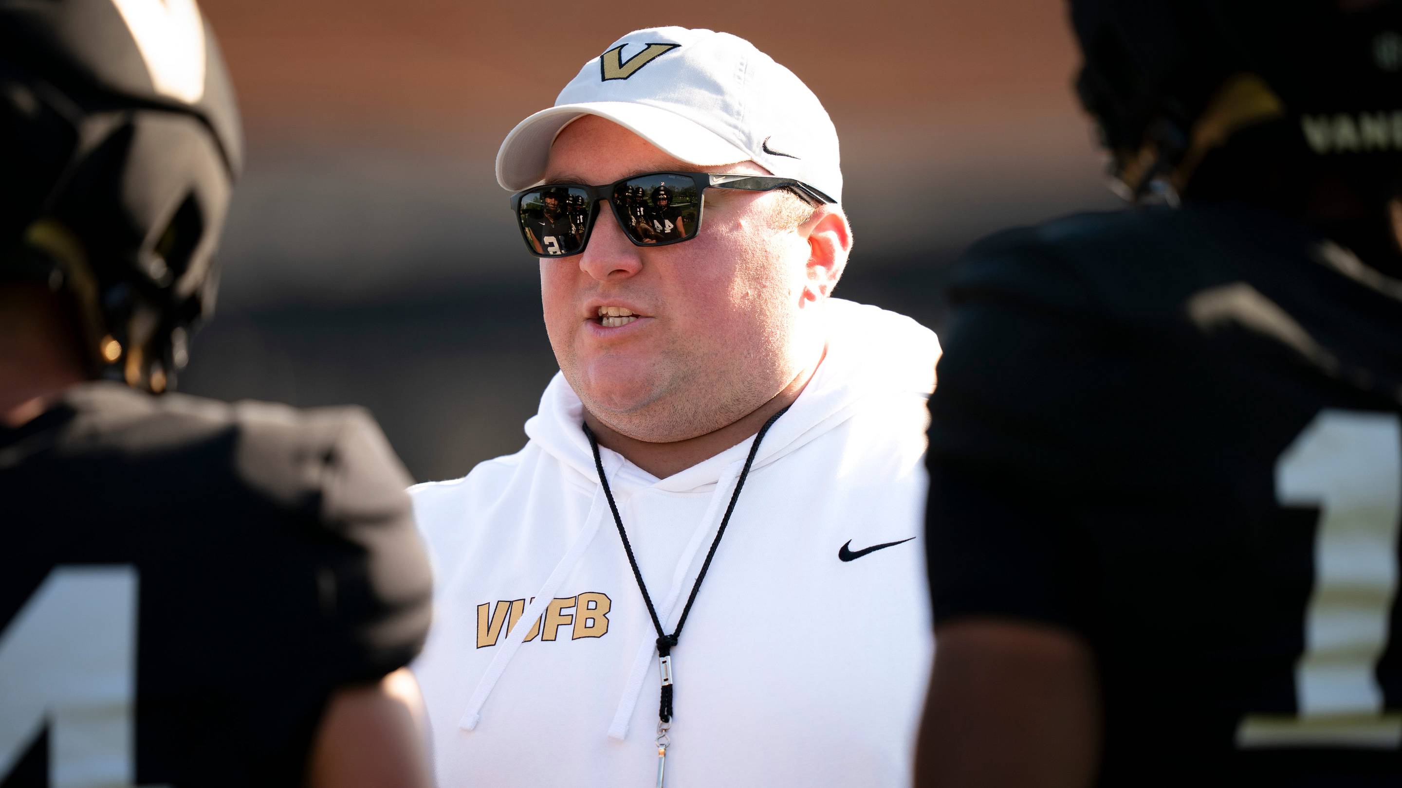 Vanderbilt tight ends coach Brendan Flaherty goes through drills at Vanderbilt University’s McGugin Center practice fields Tuesday, April 7, 2026.