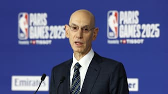 [US, Mexico, & Canada customers only] Jan 23, 2025; Paris, FRANCE; NBA commissioner Adam Silver speaks before the Paris Games 2025 NBA basketball game between the San Antonio Spurs and Indiana Pacers at Accor Arena. Mandatory Credit: Stephanie Lecocq/Reuters via Imagn Images