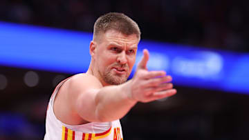 Kristaps Porzingis appears frustrated in a match against the Washington Wizards.