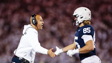 Penn State football head coach James Franklin, Penn State tight end Luke Reynolds