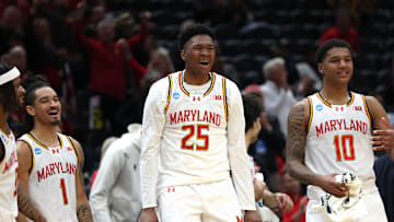 Rodney Rice, Derik Queen, Julian Reese celebrate Maryland's first-round victory in the 2025 March Madness tournament.