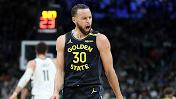 Golden State Warriors guard Stephen Curry during celebrates in a matchup against the Milwaukee Bucks