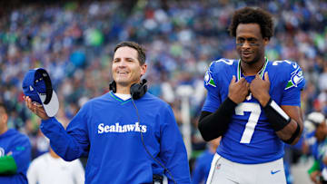 Mike Macdonald and Geno Smith of the Seattle Seahawks