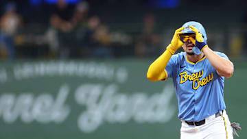 Milwaukee Brewers shortstop Willy Adames celebrates a double against the Arizona Diamondbacks.