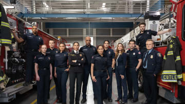STATION 19 - ABC's "Station 19" stars Jason George as Ben Warren, Danielle Savre as Maya Bishop, Josh Randall as Captain Sean Beckett, Barrett Doss as Victoria Hughes, Merle Dandridge as Fire Chief Natasha Ross, Boris Kodjoe as Captain Robert Sullivan, Jaina Lee Ortiz as Andy Herrera, Carlos Miranda as Theo Ruiz, Stefania Spampinato as Dr. Carina DeLuca, Jay Hayden as Travis Montgomery, Grey Damon as Jack Gibson, and Pat Healy as Michael Dixon. (ABC/James Clark)