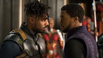Marvel Studios' BLACK PANTHER..L to R: Erik Killmonger (Michael B. Jordan) and T'Challa/Black Panther (Chadwick Boseman)..Photo: Matt Kennedy..©Marvel Studios 2018
