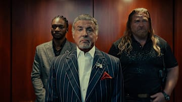 Jay Will as Tyson, Sylvester Stallone as Dwight Manfredi and Mike Walden as Bigfoot in the Paramount+ original series TULSA KING. Photo Credit: Brian Douglas/Paramount+. ©2025 Viacom International Inc. All Rights Reserved.