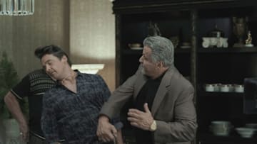 Vincent Piazza as Vince Antonacci and Sylvester Stallone as Dwight "The General" Manfredi of the Paramount+ original series TULSA KING. Photo Cr: Brian Douglas/Paramount+. © 2022 Viacom International Inc. All Rights Reserved.