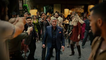 Frank Grillo as Bill Bevilaqua, Garrett Hedlund as Mitch, Martin Starr as Bodhi and Sylvester Stallone as Dwight Manfredi in the Paramount+ original series TULSA KING. Photo Credit: Steve Swisher/Paramount+. ©2025 Viacom International Inc. All Rights Reserved.