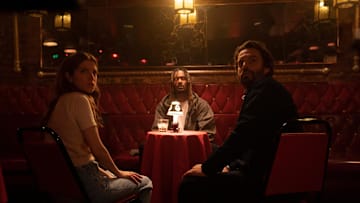 Self Reliance -- When a middle-aged man (Jake Johnson) is invited into a limo by famous actor Andy Samberg, his dull life takes a thrilling turn. Johnson is offered a chance to win a million dollars in a dark web reality TV show, where assassins from all over the world attempt to kill him for 30 days. The catch? He can't be killed if he's not entirely alone, leading him to recruit an unlikely team to help him survive. Maddy (Anna Kendrick) Charlie (GaTa) and Tommy (Jake Johnson), shown. (Photo: