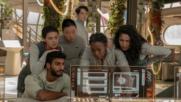 Akshay Khanna, Tattiawna Jones, Sabrina Wu, David Dastmalchian, Noma Dumezweni and Tamara Podemski in "Murderbot," premiering May 16, 2025 on Apple TV+.