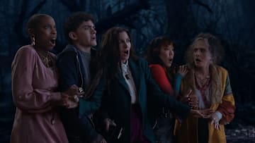 (L-R) Jennifer Kale (Sasheer Zamata), Teen (Joe Locke), Agatha Harkness (Kathryn Hahn), Alice Wu-Gulliver (Ali Ahn), and Lilia Calderu (Patti LuPone) in Marvel Television's AGATHA ALL ALONG, exclusively on Disney+. Photo by Chuck Zlotnick. © 2024 MARVEL.