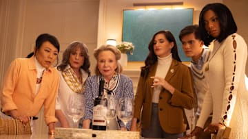 (L-R): Alice Wu-Gulliver (Ali Ahn), Lilia Calderu (Patti LuPone), Mrs. Hart/Sharon Davis (Debra Jo Rupp), Agatha Harkness (Kathryn Hahn), Teen (Joe Locke) and Jennifer Kale (Sasheer Zamata) in Marvel Television's AGATHA ALL ALONG, exclusively on Disney +. Photo by Chuck Zlotnick. © 2024 MARVEL.
