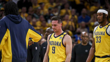 May 27, 2024; Indianapolis, Indiana, USA; Indiana Pacers guard T.J. McConnell (9) walks off the court after being looked at for an injury during the fourth quarter during game four of the eastern conference finals for the 2024 NBA playoffs at Gainbridge Fieldhouse. Mandatory Credit: Trevor Ruszkowski-USA TODAY Sports