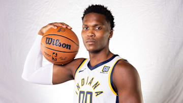 Sep 30, 2024; Indianapolis, IN, USA;  Indiana Pacers guard Bennedict Mathurin (00) poses for a photo during 2024 Media day.  Mandatory Credit: Trevor Ruszkowski-Imagn Images
