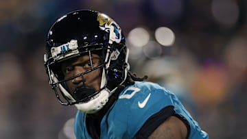 Jacksonville Jaguars wide receiver Calvin Ridley (0) looks on before the snap during the third