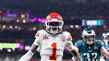 Feb 9, 2025; New Orleans, LA, USA;  Kansas City Chiefs wide receiver Xavier Worthy (1) against the Philadelphia Eagles in Super Bowl LIX at Ceasars Superdome. Mandatory Credit: Mark J. Rebilas-Imagn Images