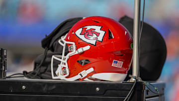 Nov 24, 2024; Charlotte, North Carolina, USA; Kansas City Chiefs helmet during pregame warmups against the Carolina Panthers at Bank of America Stadium. Mandatory Credit: Jim Dedmon-Imagn Images