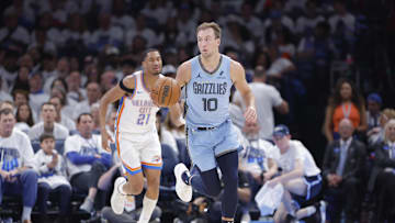 Memphis Grizzlies guard Luke Kennard (10) dribbles down the court against the Oklahoma City Thunder. 