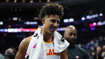 Nov 30, 2025; Philadelphia, Pennsylvania, USA; Atlanta Hawks forward Jalen Johnson (1) reacts after the game against the Philadelphia 76ers at Xfinity Mobile Arena.