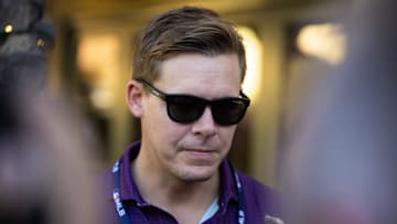 Nov 7, 2023; Scottsdale, AZ, USA; Chicago White Sox general manager Chris Getz speaks to the media during the MLB General Manager's Meetings at Omni Scottsdale Resort & Spa. Mandatory Credit: Mark J. Rebilas-Imagn Images