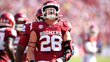 Oklahoma Sooners linebacker Danny Stutsman (28) celebrates a play in the first half of the Red River Rivalry college football game between the University of Oklahoma Sooners and the Texas Longhorn at the Cotton Bowl Stadium in Dallas, Texas, Saturday, Oct., 12, 2024.