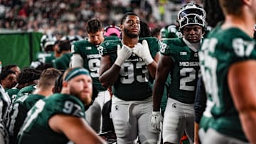 Michigan State Spartans defensive lineman Jalen Satchell (93) looks up at the clock towards the end of the third quarter the NCAA football game against Ohio State University at Spartan Stadium in East Lansing, Saturday, Sept. 28, 2024. Ohio State won 38-7.