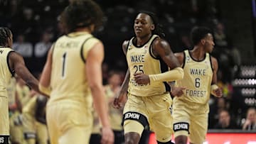 Dec 2, 2025; Winston-Salem, North Carolina, USA; Wake Forest Demon Deacons forward Tre'Von Spillers (25) runs back up court against the Oklahoma Sooners during the second half at Lawrence Joel Veterans Memorial Coliseum. Mandatory Credit: Jim Dedmon-Imagn Images