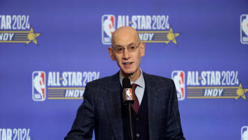 Feb 17, 2024; Indianapolis, IN, USA; NBA Commissioner Adam Silver talks to media during a press conference before NBA All Star Saturday Night at Lucas Oil Stadium. Mandatory Credit: Trevor Ruszkowski-USA TODAY Sports