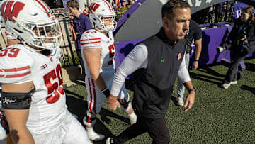 Oct 19, 2024; Evanston, Illinois, USA; Wisconsin Badgers head coach Luke Fickell leads his team onto the field before a game against the Northwestern Wildcats at Lanny and Sharon Martin Stadium. Wisconsin won 23-3. Mandatory Credit: Mark Hoffman/USA TODAY Network via Imagn Images