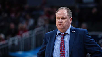 Mar 13, 2025; Indianapolis, IN, USA; Wisconsin Badgers head coach Greg Gard in the second half against the Northwestern Wildcats at Gainbridge Fieldhouse. Mandatory Credit: Trevor Ruszkowski-Imagn Images