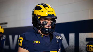 Jan 8, 2024; Houston, TX, USA; Michigan Wolverines quarterback Jack Tuttle (13) against the Washington Huskies during the 2024 College Football Playoff national championship game at NRG Stadium. Mandatory Credit: Mark J. Rebilas-USA TODAY Sports
