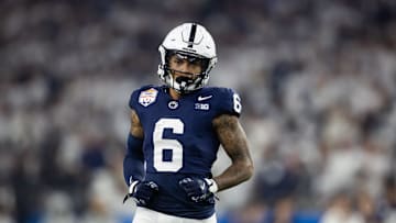 Dec 31, 2024; Glendale, AZ, USA; Penn State Nittany Lions wide receiver Harrison Wallace III (6) against the Boise State Broncos during the Fiesta Bowl at State Farm Stadium. Mandatory Credit: Mark J. Rebilas-Imagn Images
