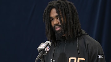 Feb 28, 2025; Indianapolis, IN, USA; Michigan running back Donovan Edwards (RB05) talks to the press during the 2025 NFL Combine at Indiana Convention Center. Mandatory Credit: Stephanie Amador Blondet-Imagn Images