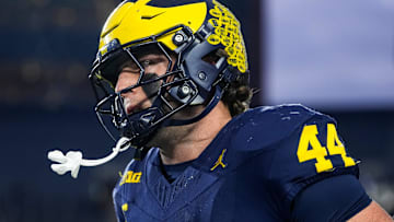 Michigan tight end Max Bredeson (44) warms up ahead of the Purdue game at Michigan Stadium in Ann Arbor on Saturday, November 1, 2025.