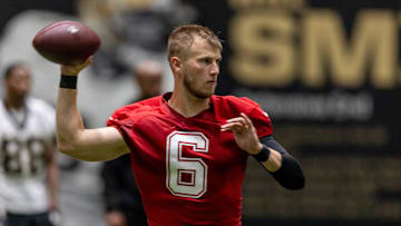 May 10, 2025; New Orleans, LA, USA;  New Orleans Saints quarterback Tyler Shough (6) during rookie minicamp at Ochsner Sports Performance Center. Mandatory Credit: Stephen Lew-Imagn Images
