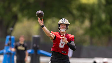 Jun 10, 2025; New Orleans, LA, USA;  New Orleans Saints quarterback Tyler Shough (6) during passing drills during minicamp at Ochsner Sports Performance Center. Mandatory Credit: Stephen Lew-Imagn Images