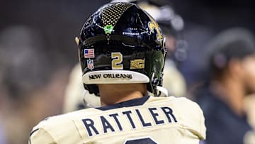 Sep 7, 2025; New Orleans, Louisiana, USA;  New Orleans Saints quarterback Spencer Rattler (2) during warmups before the game against the Arizona Cardinals at Caesars Superdome. Mandatory Credit: Stephen Lew-Imagn Images