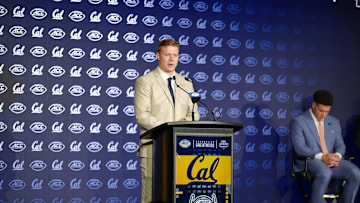 Jul 22, 2025; Charlotte, NC, USA; California quarterback Devin Brown answers questions from the media during ACC Media Days at Hilton Charlotte Uptown. Mandatory Credit: Jim Dedmon-Imagn Images