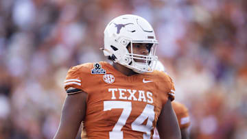 Dec 21, 2024; Austin, Texas, USA; Texas Longhorns offensive lineman Trevor Goosby (74) against the Clemson Tigers during the CFP National playoff first round at Darrell K Royal-Texas Memorial Stadium. Mandatory Credit: Mark J. Rebilas-Imagn Images