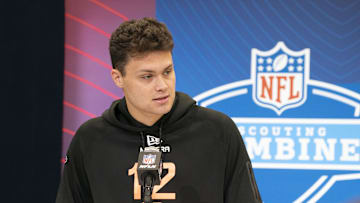 Feb 28, 2025; Indianapolis, IN, USA; Indiana quarterback Kurtis Rourke (QB12) talks to the press during the 2025 NFL Combine at Indiana Convention Center. Mandatory Credit: Stephanie Amador Blondet-Imagn Images