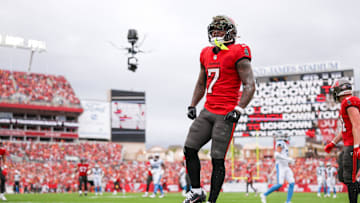 Dec 29, 2024; Tampa, Florida, USA; Tampa Bay Buccaneers running back Bucky Irving (7) celebrates after scoring a touchdown against the Carolina Panthers in the second quarter at Raymond James Stadium. Mandatory Credit: Nathan Ray Seebeck-Imagn Images