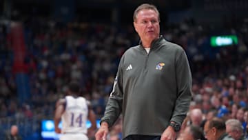 Kansas Jayhawks head coach Bill Self looks back at his bench during the second half of the exhibition game against Fort Hays State Tigers inside Allen Fieldhouse on Tuesday, October, 28, 2025.