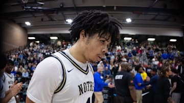 Jan 4, 2025; Gilbert, AZ, USA; Notre Dame High School (CA) forward Tyran Stokes (4) against Sandra Day O'Connor (AZ) during the Hoophall West High School Invitational at Highland High School. Mandatory Credit: Mark J. Rebilas-Imagn Images