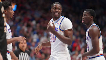 Kansas Jayhawks forward Flory Bidunga (40) smiles after a foul during the first half of the exhibition game against Fort Hays State Tigers inside Allen Fieldhouse on Tuesday, October, 28, 2025.